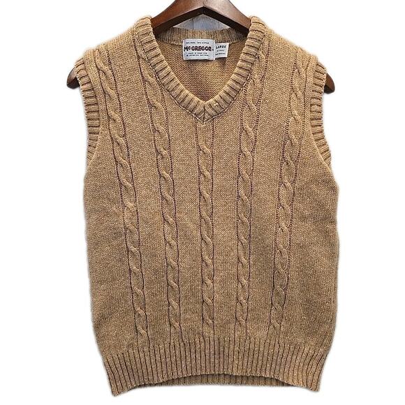 Vtg McGregor Mens Wool Cable-knit Sweater Vest Sz L Tan Preppy Academia Classic - Picture 1 of 8